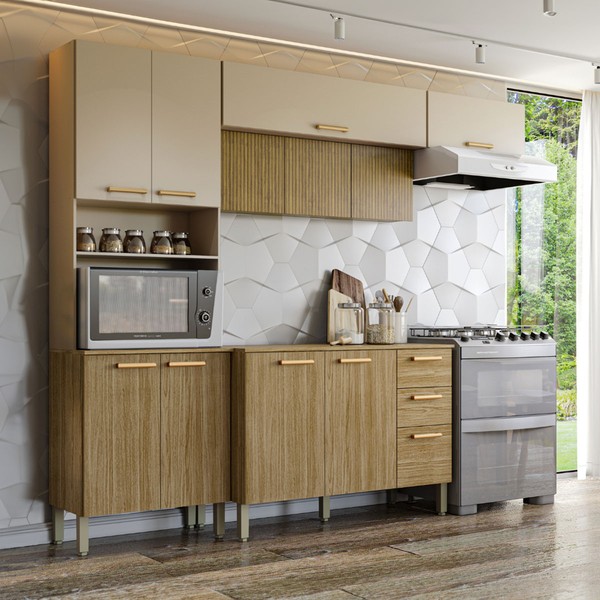 Cozinha Compacta Urbane 12 Portas 2 Gavetas Ripado 3d Freijo/Vanilla - Kits Paraná