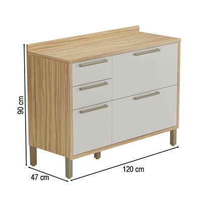 Balcão de Cozinha 120 Cm Syrah 2 Portas 3 Gavetas 100% Mdf Amêndoa/Off White - Rio Doce