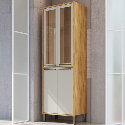 Paneleiro Syrah 4 Portas 4 Prateleiras com Vidro 100% Mdf Amêndoa/Off White - Rio Doce