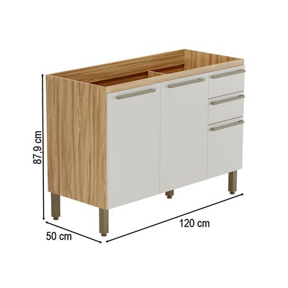 Balcão de Cozinha para Pia 120 Cm Napoli 3 Portas 2 Gavetas 100% Mdf Amêndoa/Off White - Rio Doce