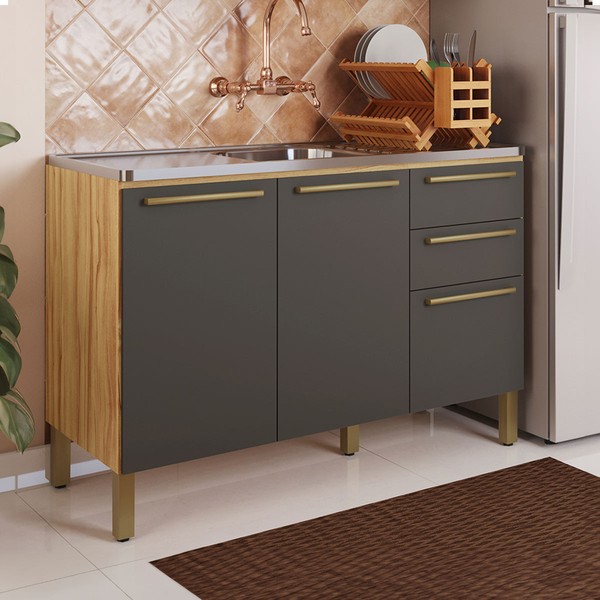 Balcão de Cozinha para Pia 120 Cm Napoli 3 Portas 2 Gavetas 100% Mdf Amêndoa/Chumbo - Rio Doce
