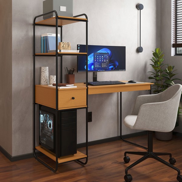 Mesa Escrivaninha Criare 1 Gaveta 3 Prateleiras Preto/Nature - Art Panta