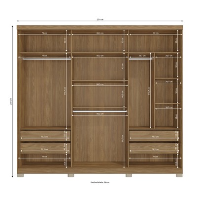 Guarda-Roupa Sliding 3 Portas 4 Gavetas com Pés Nogueira - Kappesberg