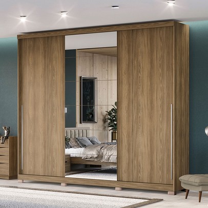 Guarda-Roupa Sliding 3 Portas 4 Gavetas com Pés Nogueira - Kappesberg