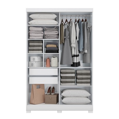 Guarda-Roupa Solteiro Cb01 2 Portas 2 Gavetas com Espelho Branco/Nogueira - Kappesberg