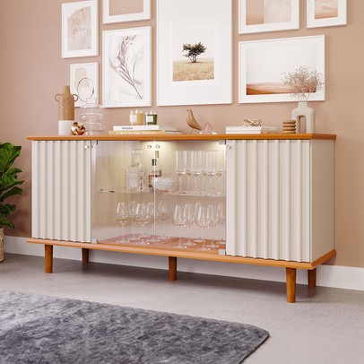 Balcão Buffet Janice 4 Portas com Vidro Ripado Cinamomo/Off White - Cimol