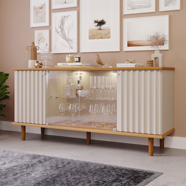 Balcão Buffet Janice 4 Portas com Vidro Ripado Nature/Off White - Cimol