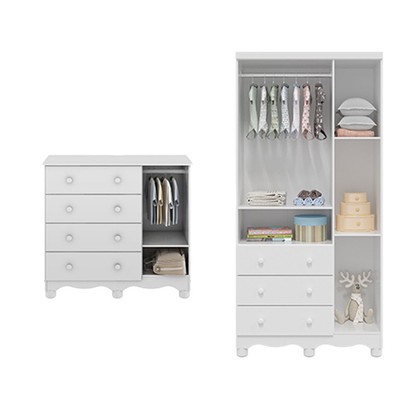 Quarto de Bebê Completo Junior Uli 4 Portas 7 Gavetas 4 Prateleiras 100% Mdf Branco Brilho - Móveis Peroba