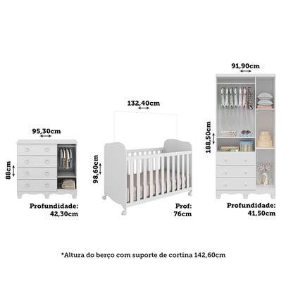 Quarto de Bebê Completo Junior Uli 4 Portas 7 Gavetas 4 Prateleiras 100% Mdf Branco Brilho - Móveis Peroba