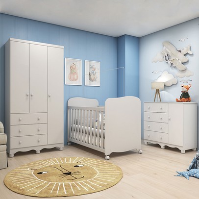 Quarto de Bebê Completo Junior Uli 4 Portas 7 Gavetas 4 Prateleiras 100% Mdf Branco Brilho - Móveis Peroba