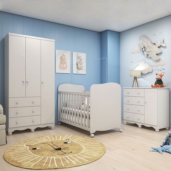 Quarto de Bebê Completo Junior Uli 4 Portas 7 Gavetas 4 Prateleiras 100% Mdf Branco Brilho - Móveis Peroba
