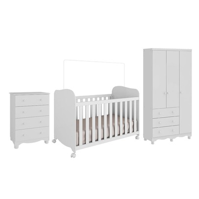 Quarto de Bebê Completo Junior Uli 3 Portas 7 Gavetas 100% Mdf Branco Brilho - Móveis Peroba