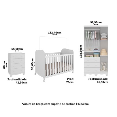 Quarto de Bebê Completo Junior Uli 3 Portas 7 Gavetas 100% Mdf Branco Brilho - Móveis Peroba