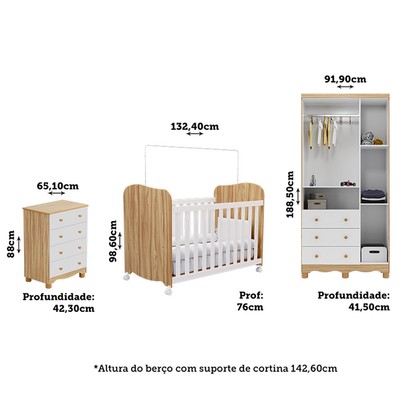 Quarto de Bebê Completo Junior Uli 3 Portas 7 Gavetas 100% Mdf Branco Brilho/Amêndoa - Móveis Peroba