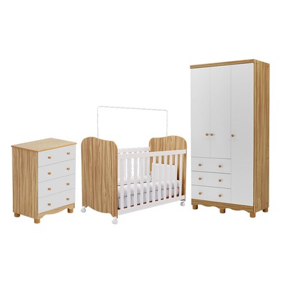 Quarto de Bebê Completo Junior Uli 3 Portas 7 Gavetas 100% Mdf Branco Brilho/Amêndoa - Móveis Peroba