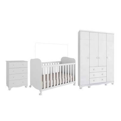 Quarto de Bebê Completo Junior Uli 4 Portas 7 Gavetas 100% Mdf Branco Brilho - Móveis Peroba