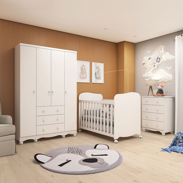Quarto de Bebê Completo Junior Uli 4 Portas 7 Gavetas 100% Mdf Branco Brilho - Móveis Peroba