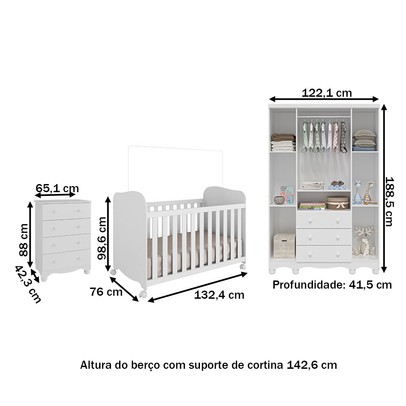Quarto de Bebê Completo Junior Uli 4 Portas 7 Gavetas 100% Mdf Branco Brilho - Móveis Peroba
