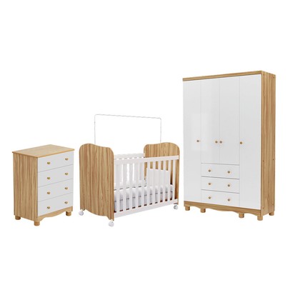 Quarto de Bebê Completo Junior Uli 4 Portas 7 Gavetas 100% Mdf Branco Brilho/Amêndoa - Móveis Peroba