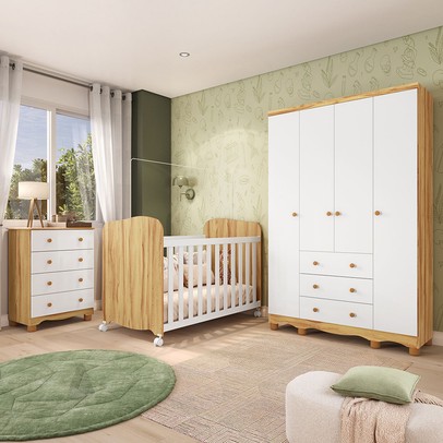 Quarto de Bebê Completo Junior Uli 4 Portas 7 Gavetas 100% Mdf Branco Brilho/Amêndoa - Móveis Peroba