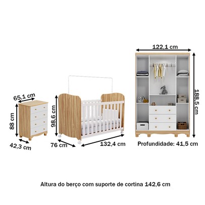Quarto de Bebê Completo Junior Uli 4 Portas 7 Gavetas 100% Mdf Branco Brilho/Amêndoa - Móveis Peroba