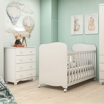Quarto de Bebê Completo Junior Uli Cômoda 4 Gavetas 100% Mdf Branco Brilho - Móveis Peroba