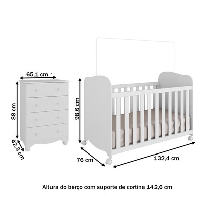 Quarto de Bebê Completo Junior Uli Cômoda 4 Gavetas 100% Mdf Branco Brilho - Móveis Peroba