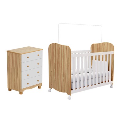 Quarto de Bebê Completo Junior Uli Cômoda 4 Gavetas 100% Mdf Branco Brilho/Amêndoa - Móveis Peroba