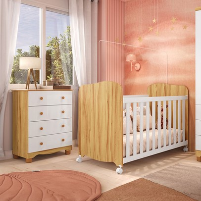 Quarto de Bebê Completo Junior Uli Cômoda 4 Gavetas 100% Mdf Branco Brilho/Amêndoa - Móveis Peroba