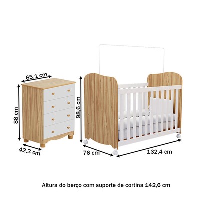 Quarto de Bebê Completo Junior Uli Cômoda 4 Gavetas 100% Mdf Branco Brilho/Amêndoa - Móveis Peroba