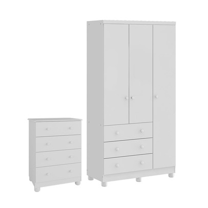Quarto de Bebê Completo Junior 3 Portas 7 Gavetas 100% Mdf Branco Brilho - Móveis Peroba