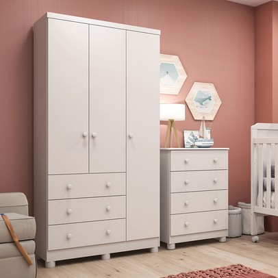 Quarto de Bebê Completo Junior 3 Portas 7 Gavetas 100% Mdf Branco Brilho - Móveis Peroba