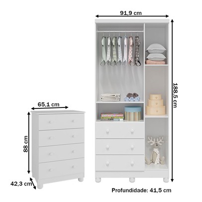 Quarto de Bebê Completo Junior 3 Portas 7 Gavetas 100% Mdf Branco Brilho - Móveis Peroba