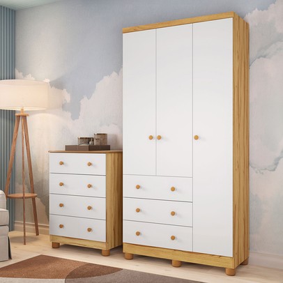 Quarto de Bebê Completo Junior 3 Portas 7 Gavetas 100% Mdf Branco Brilho/Amêndoa - Movéis Peroba