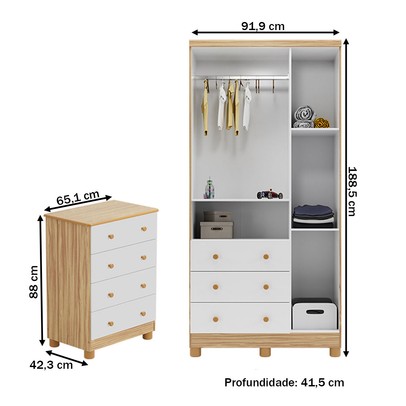 Quarto de Bebê Completo Junior 3 Portas 7 Gavetas 100% Mdf Branco Brilho/Amêndoa - Movéis Peroba