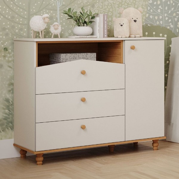Cômoda de Bebê Casinha 1 Porta 3 Gavetas 100% Mdf Off White/Nature - Permóbili
