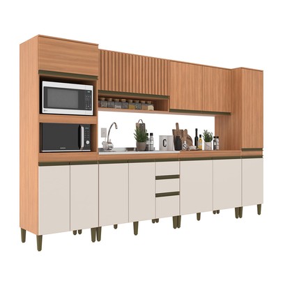 Cozinha Completa Cecilia 12 Portas 3 Gavetas Ripado Freijó/Off White - Jcarvalho