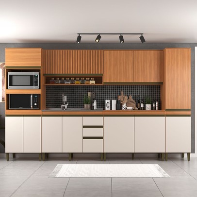 Cozinha Completa Cecilia 12 Portas 3 Gavetas Ripado Freijó/Off White - Jcarvalho