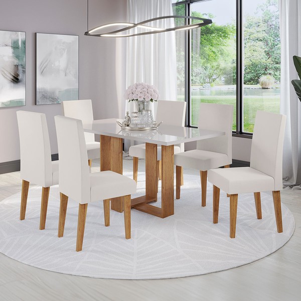 Mesa de Jantar 6 Lugares Aspen com Vidro Mel/Off White/Marfim - Viero Móveis