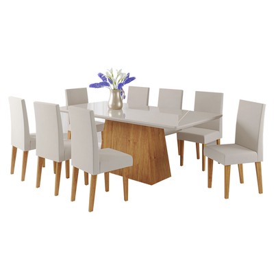 Mesa de Jantar 8 Lugares Bariloche com Vidro Mel/Off White/Marim - Viero Móveis