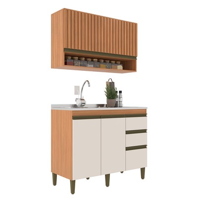 Cozinha Compacta Cecilia 3 Portas 3 Gavetas Ripado Freijó/Off White - Jcarvalho