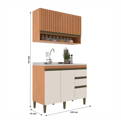 Cozinha Compacta Cecilia 3 Portas 3 Gavetas Ripado Freijó/Off White - Jcarvalho