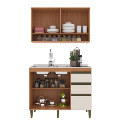 Cozinha Compacta Cecilia 3 Portas 3 Gavetas Ripado Freijó/Off White - Jcarvalho