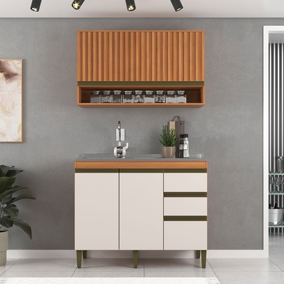 Cozinha Compacta Cecilia 3 Portas 3 Gavetas Ripado Freijó/Off White - Jcarvalho