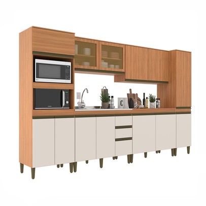 Cozinha Completa Cecilia 13 Portas 3 Gavetas com Vidro Freijó/Off White - Jcarvalho