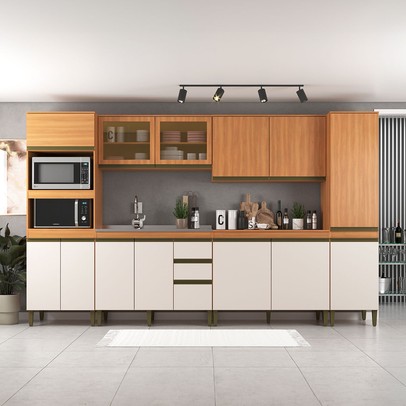 Cozinha Completa Cecilia 13 Portas 3 Gavetas com Vidro Freijó/Off White - Jcarvalho