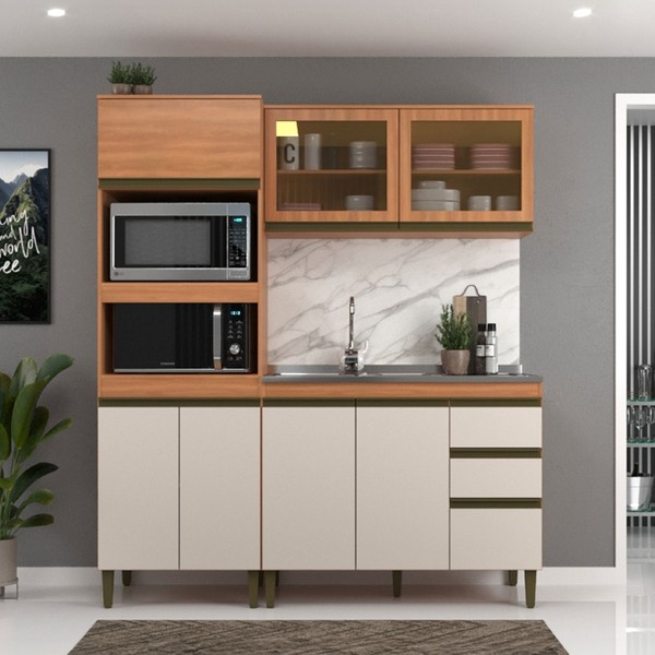 Cozinha Compacta Cecilia 7 Portas 3 Gavetas com Vidro Freijó/Off White - Jcarvalho