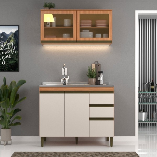 Cozinha Compacta Cecília 4 Portas 3 Gavetas com Vidro Freijó/Off White - Jcarvalho