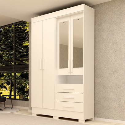 Guarda-Roupa Solteiro Débora Capelinha 4 Portas 3 Gavetas com Espelho 100% Mdf Branco - Acp Móveis