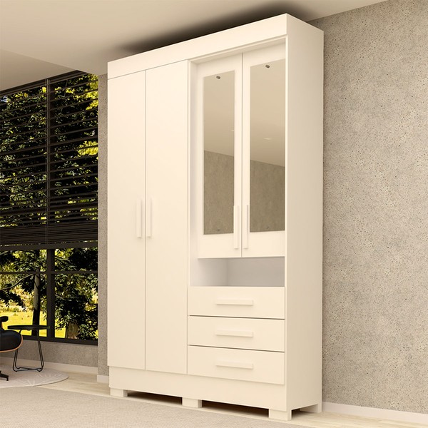 Guarda-Roupa Solteiro Débora Capelinha 4 Portas 3 Gavetas com Espelho 100% Mdf Branco - Acp Móveis
